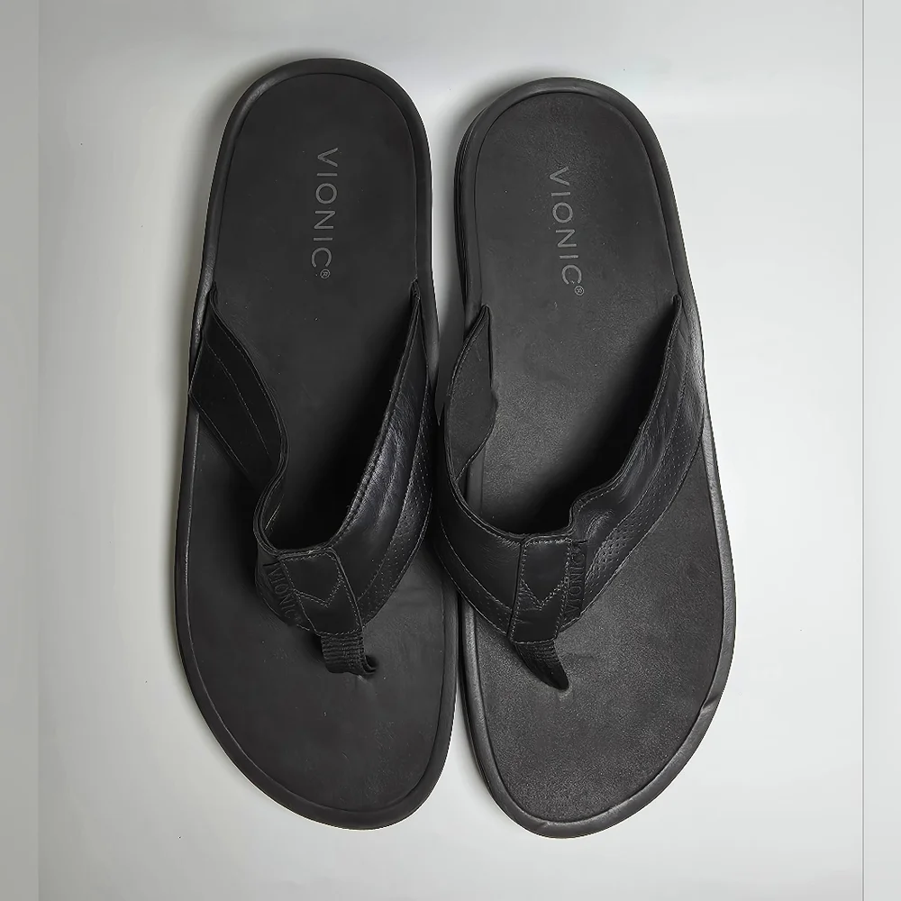 Vionic Wyatt Men's Black Leather Sandals Flip Flops Size 13